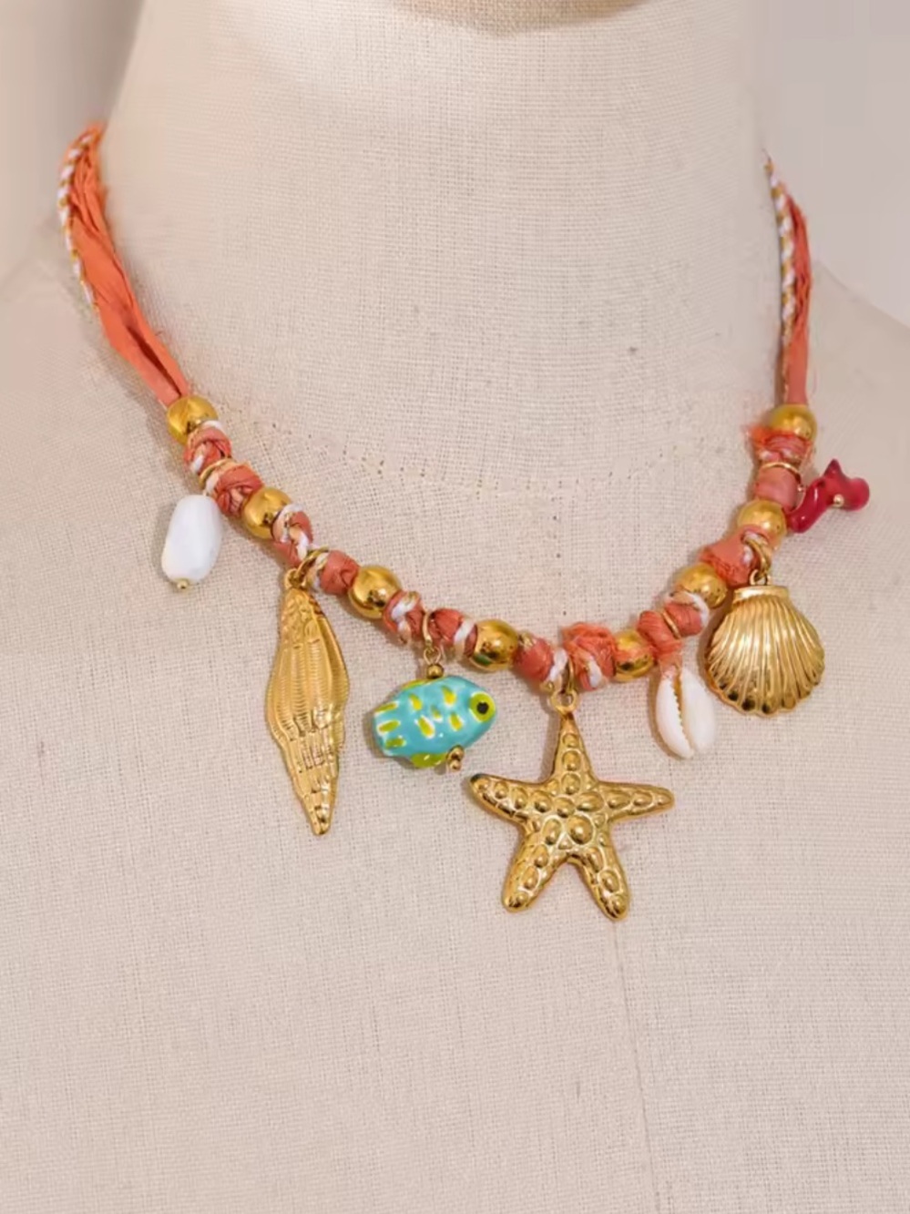 Coral Ribbon Gold Starfish Charm Necklace